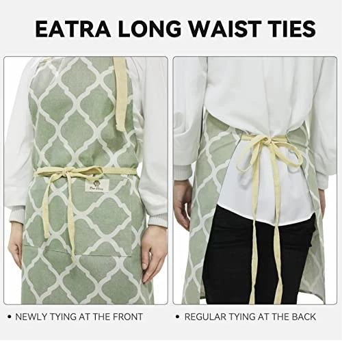 2 Pieces Aprons for Women with Pockets, Cotton Linen Waterproof Grey/Green - Image 4 of 4