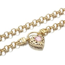 18K GL Solid Rolo Yellow Gold Necklace Filigree Heart Padlock Rose Pink Gem