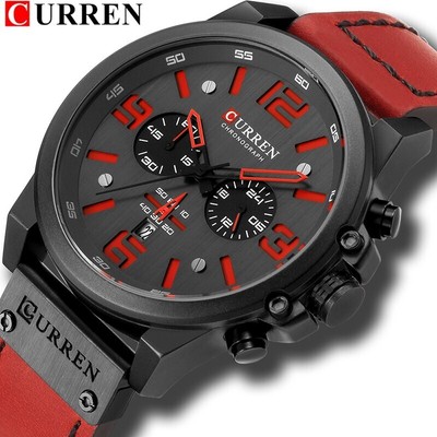 Curren Herren Luxus Leder Armbanduhr Chronograph wasserdicht Analog Quarz NEU