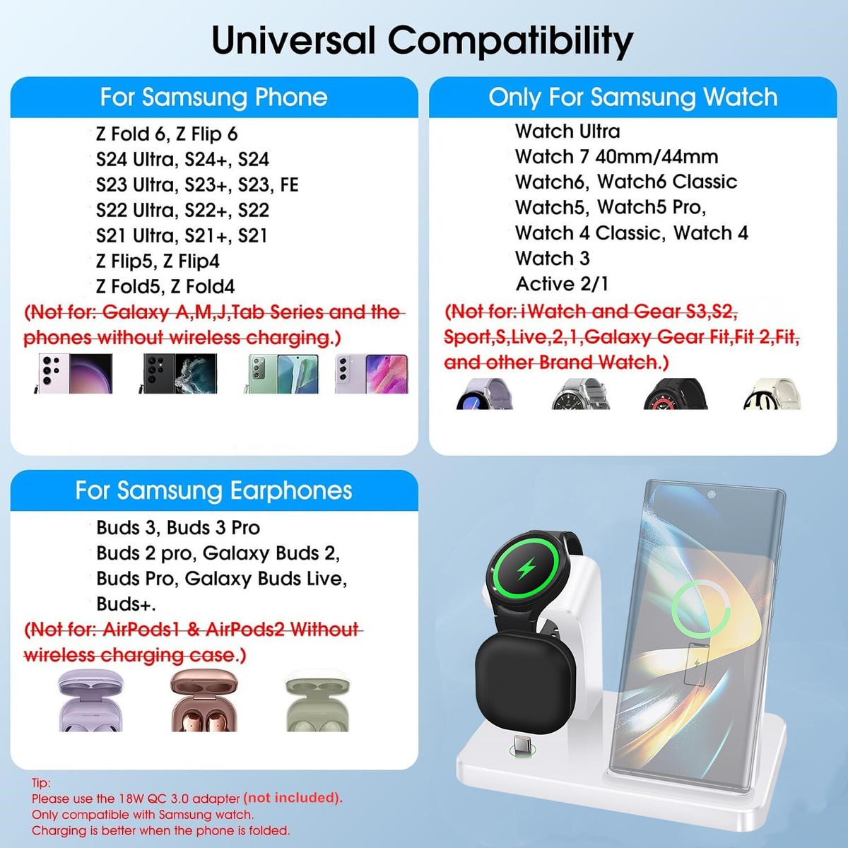 3In1 Fast Wireless Charger Charging Station For Samsung Galaxy