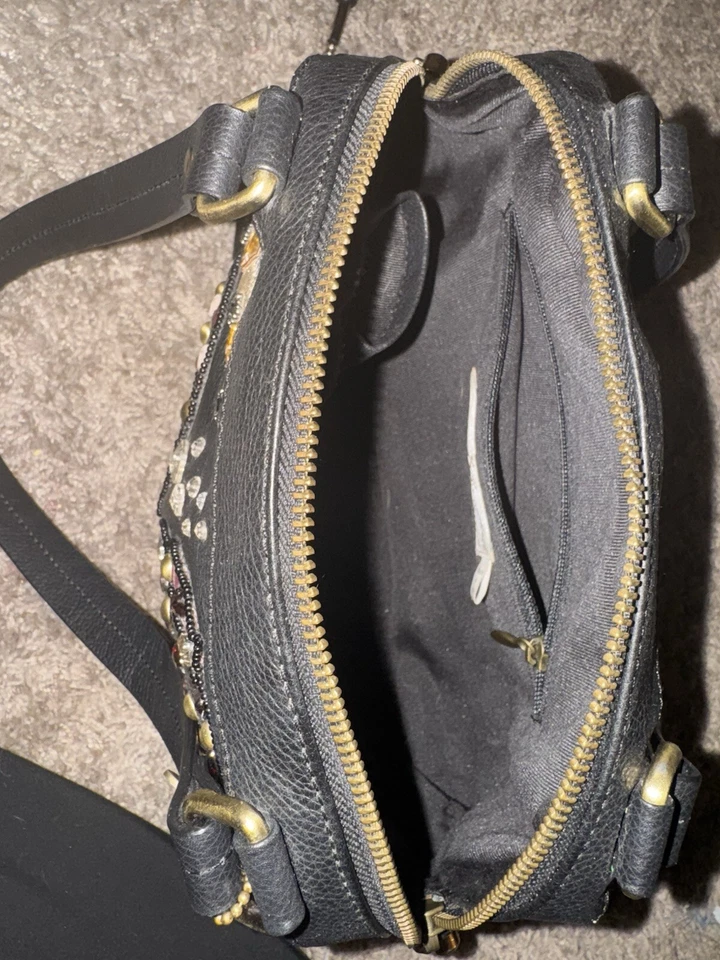 Rara Bolsa de Peixe Vintage Mary Frances Deep Sea Connection Couro Preto Frisado - Imagem 3 de 4