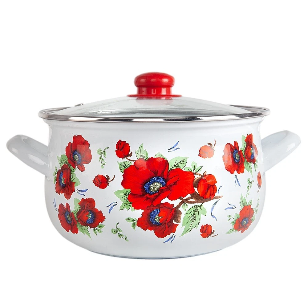 POPPY FLOWERS Enamel Stockpot with Glass Lid Enameled Cooking Pot 6.5 qt