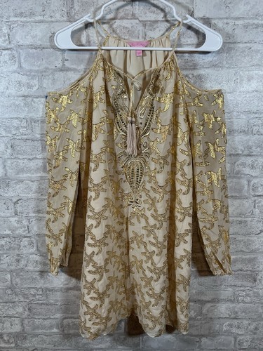 Lily Pulitzer Cold Shoulder Long Sleeve Gold Maxi Silk Dress Size XS