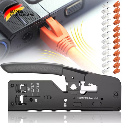 RJ45 Crimpzange + 12 Cat7 Stecker Set Netzwerk Werkzeug Lan Kabel Zange Cat 7 /6 - Afbeelding 4 van 11