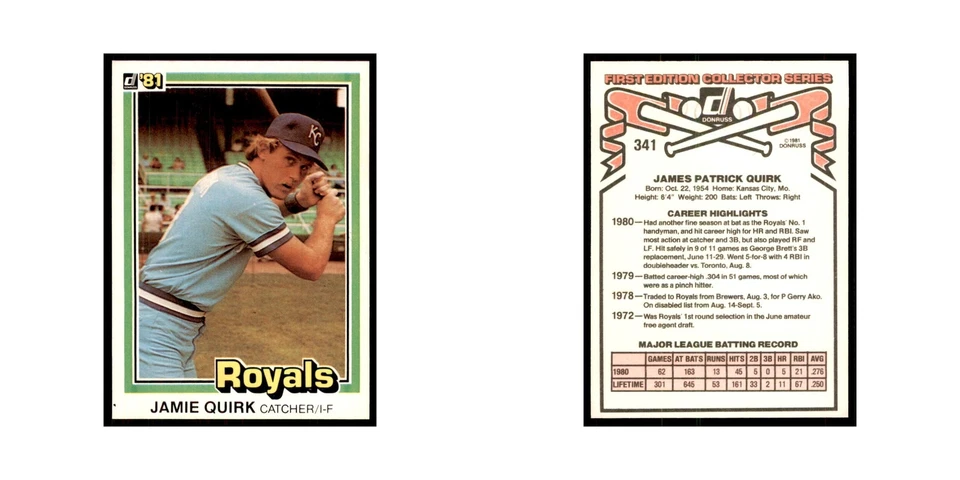 1981 Donruss Jamie Quirk Baseball Cards #341.0 - Image 3 of 3