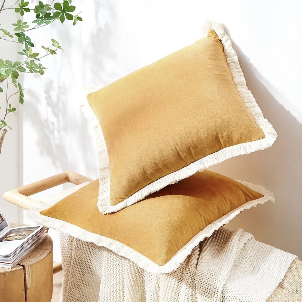 Novo Conjunto West Elm 2 Veludo Amarelo Boho Franja Fronha Capa Fossa 18x18 - Imagem 3 de 4