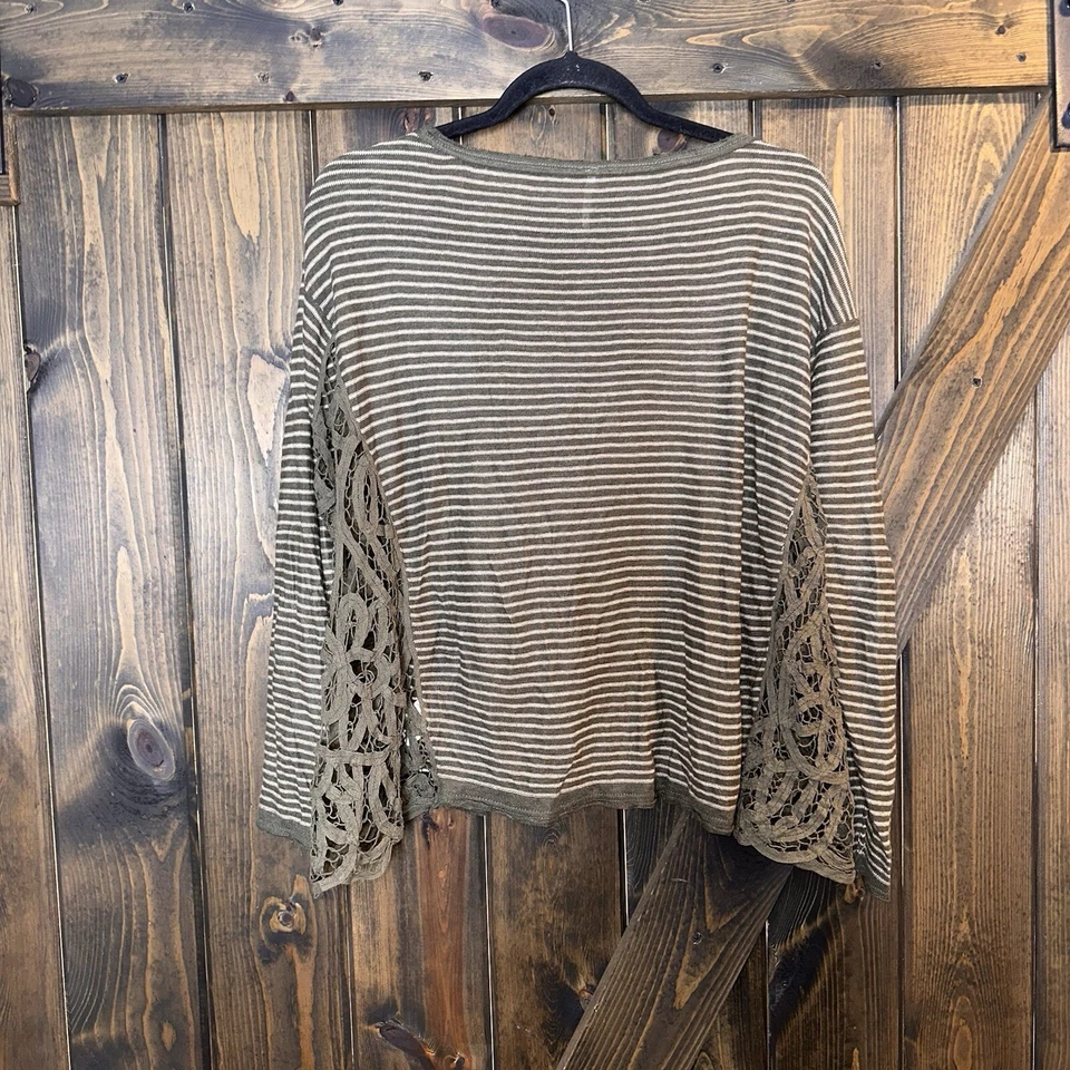 Free People Linen Striped Lace Oversized Boho Hippie Lace Top Size S - Image 2 of 4