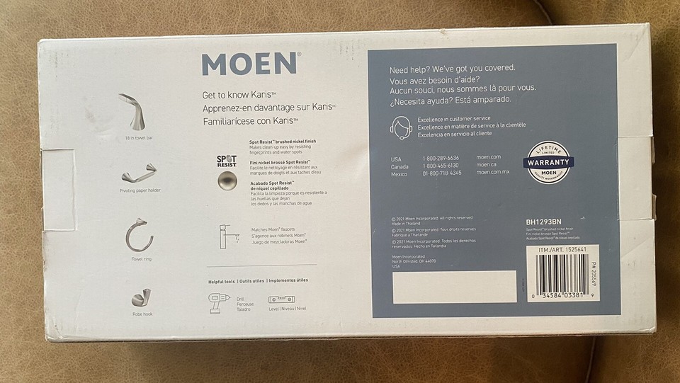 Moen Karis 4piece Bath Kit, BH1293BN Towel Bar Ring Hook Toilet