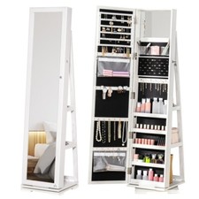 White Mirrored Jewellery Cabinet Full Length Mirror Shelves Storage Lockable New