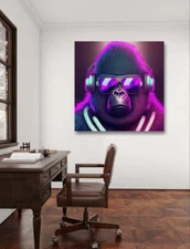 Gorilla DJ Pop Art Neon Music Ai Image Canvas Print Picture Wall Art
