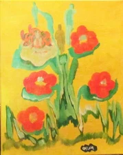 Outsider Art Original Painting Flower signed Cheng Jin 16"x20"