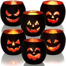 Halloween Table Decor Set of 6, Jack O Lanterns Black Glass Votive Tealight