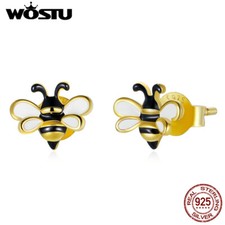Wostu Authentic 925 Sterling Silver Cute Bee Stud Earrings For Women Girls Gift