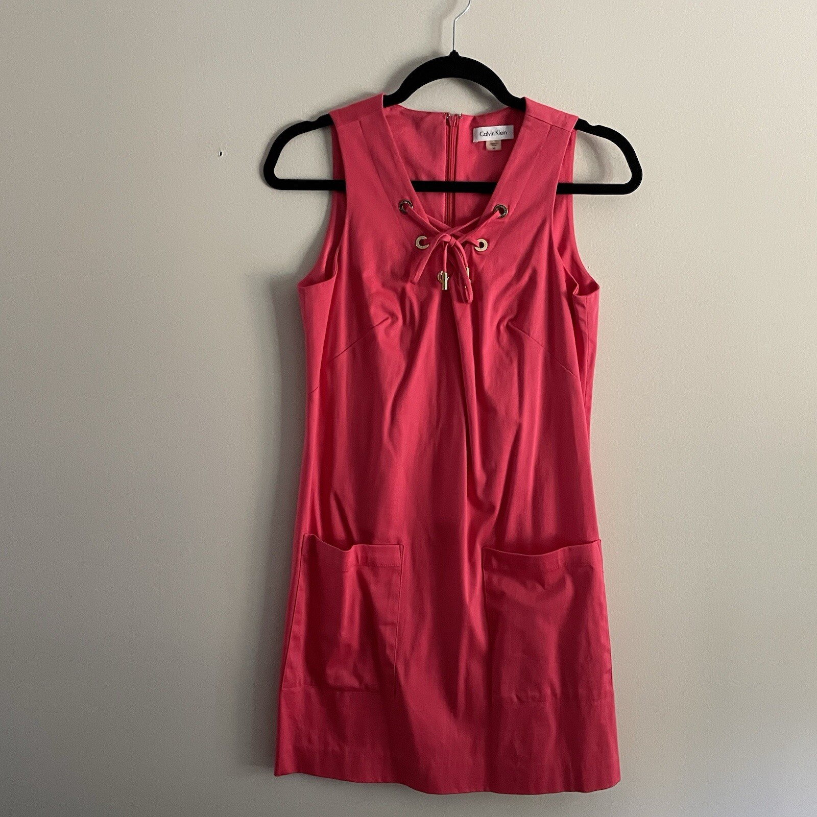 Calvin Klein Petite Women 6P Hot Pink V-Neck Gold Grommet Tie Sleeveless Dress