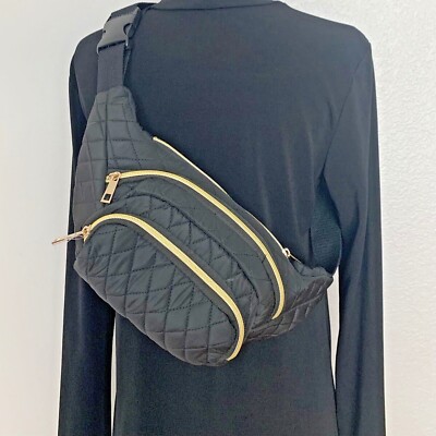 Fanny Pack Women's Black Quilted Crossbody W/Adjustable Belt And 3 Pockets NWT