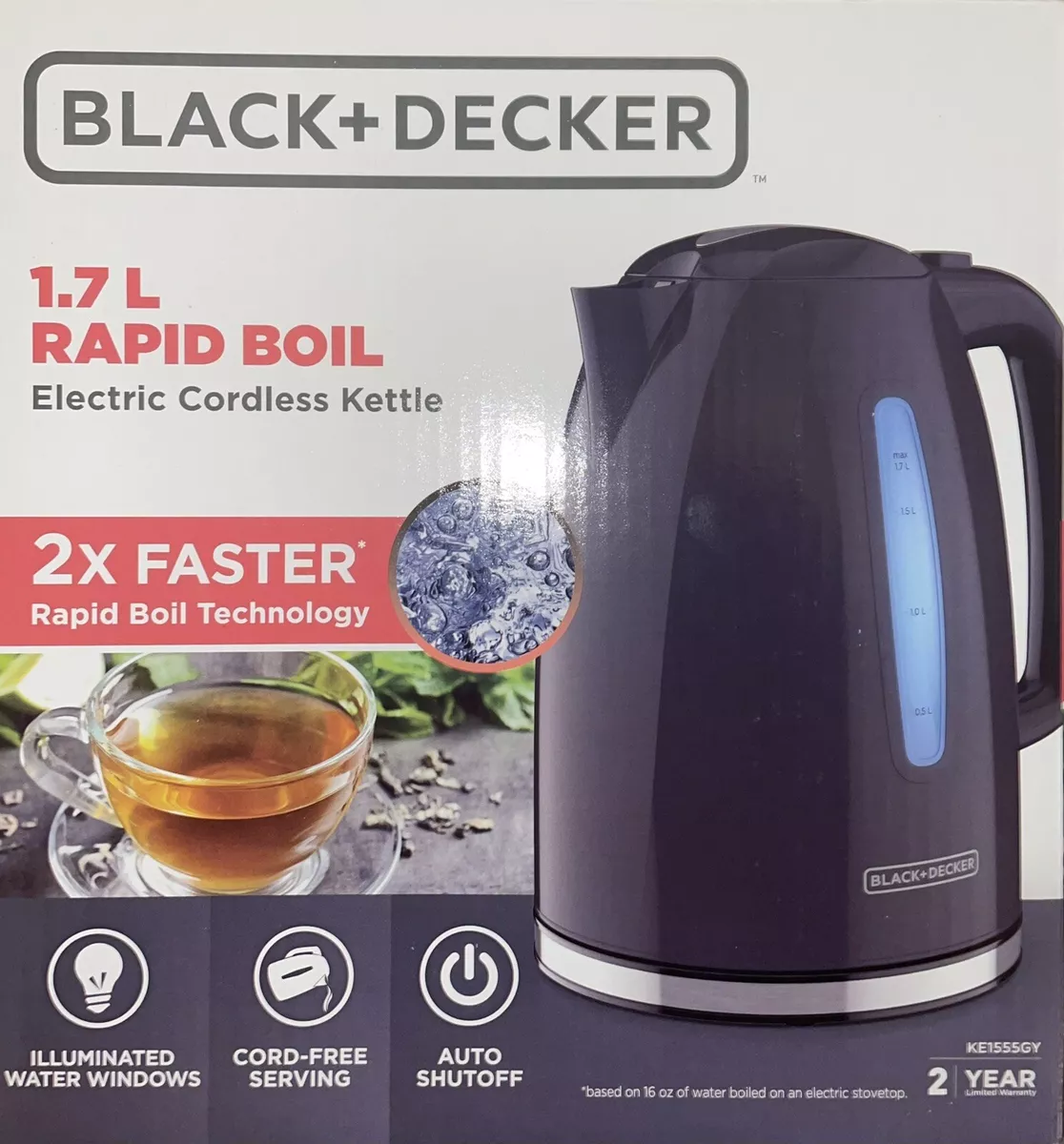 BLACK DECKER KE1555GY 1.7L Rapid Boil Electric Cordless Kettle Auto with ShutOff