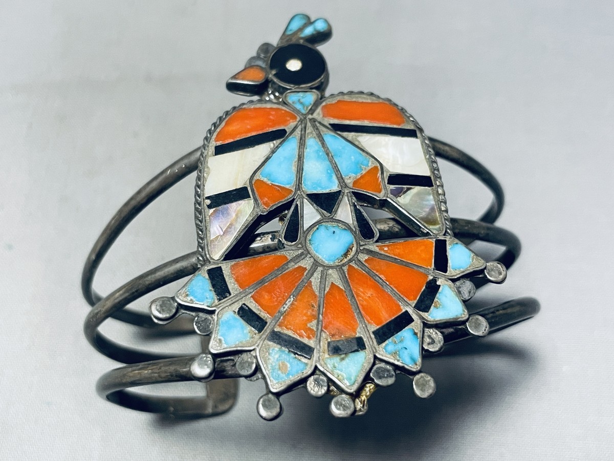 Very Old 1930's/40's Vintage Native American Zuni Turquoise Inlay Bird Sterling Silver Bracelet Very Old 1930's/40's Vintage Native American Zuni Turquoise Inlay Bird Sterling Silver Bracelet