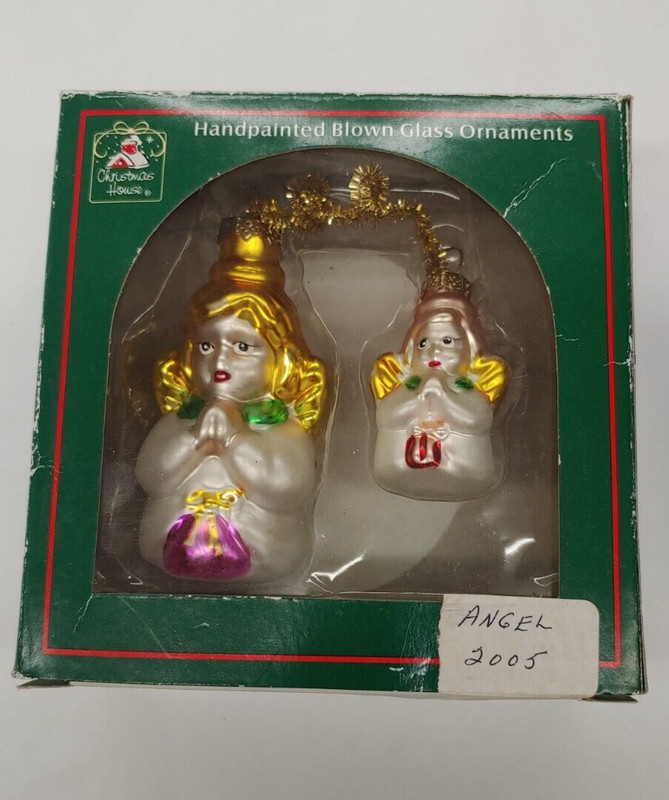 Vintage 2005 Hand Painted Blown Glass Big and Little Angels Ornament