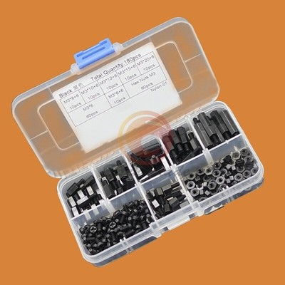 180PCS M3   BLACK   M-F STAND OFF SET SPACERS/ SCREW/ NUT ASSORTED KIT BOX #lk