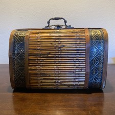 Vintage Wicker Rattan Wooden Carry Bag Purse Case with Metal Trim