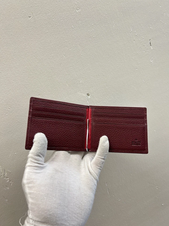 Gucci Slim Embroidered Gg Embossed Brown Maroon Leather Bifold Wallet Cash Clip - Image 4 of 4
