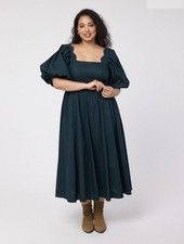 Joanie Stella Puff Sleeve Midaxi Dress green Cotton Smocked Pockets SZ 10