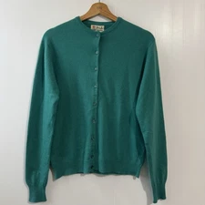 VTG 50S PRINGLE SCOTLAND 100% CASHMERE BUTTON UP CARDIGAN TEAL GREEN SZ 42
