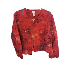 Chico's Jacket Boho Artsy Tribal Cotton Abstract Print Red Womens Size 2 L