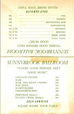 Sunnybrook Ballroom Menu Pottstown PA c1940s Big Band Dance Hall