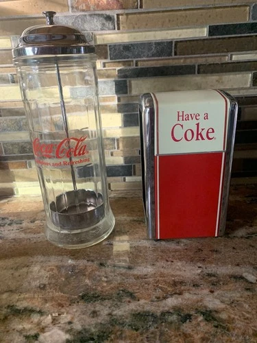 Vintage 1992 Coca Cola  Glass & Chrome Straw Holder  & metal napkin holder