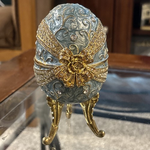 Faberge Inspired Egg Enameled Teal Blue Jewelry Hinged Music Trinket Box 5”