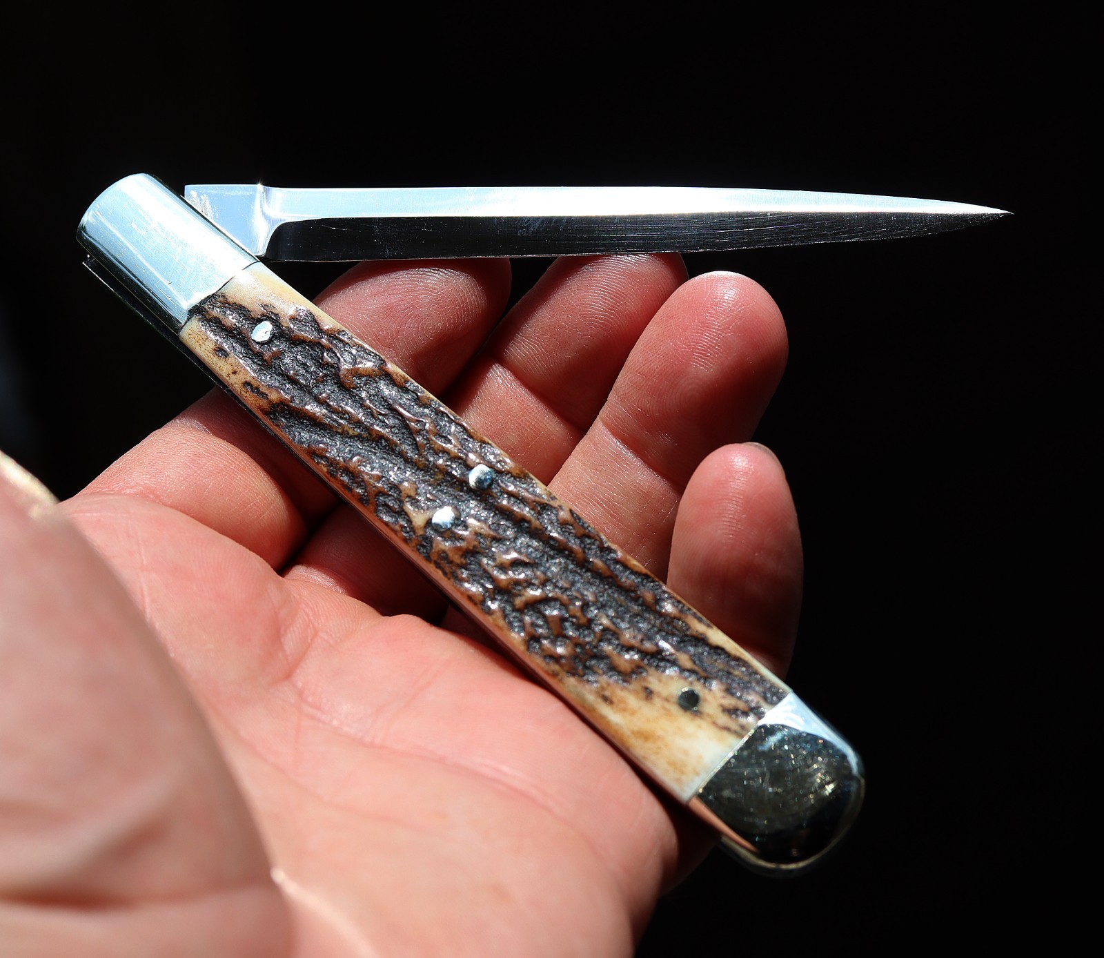 Vintage unused Wostenholm I*X.L. Sheffield folding Dirk Knife. Stag handles. 5"