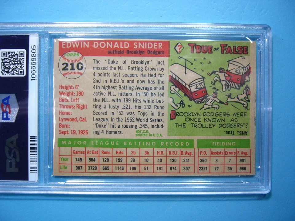 Tarjeta de béisbol 1955 Topps #210 Duke Snider PSA A TR ¡¡Nígida y bonita!! '55 TOPPS GL Foto 4 de 4
