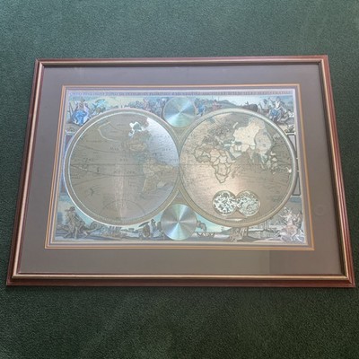 VTG Silver Gold Foil Old Double Hemisphere Map/Orbis Terrarum Illustratus 40x30