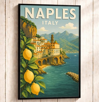 Naples Italy Travel Poster, Amalfi Coast Wall Art, Italian Landscape Decor