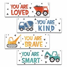 4 Pieces Construction Vehicles Decor Kids 11.8 inches x 3.9 inches, White