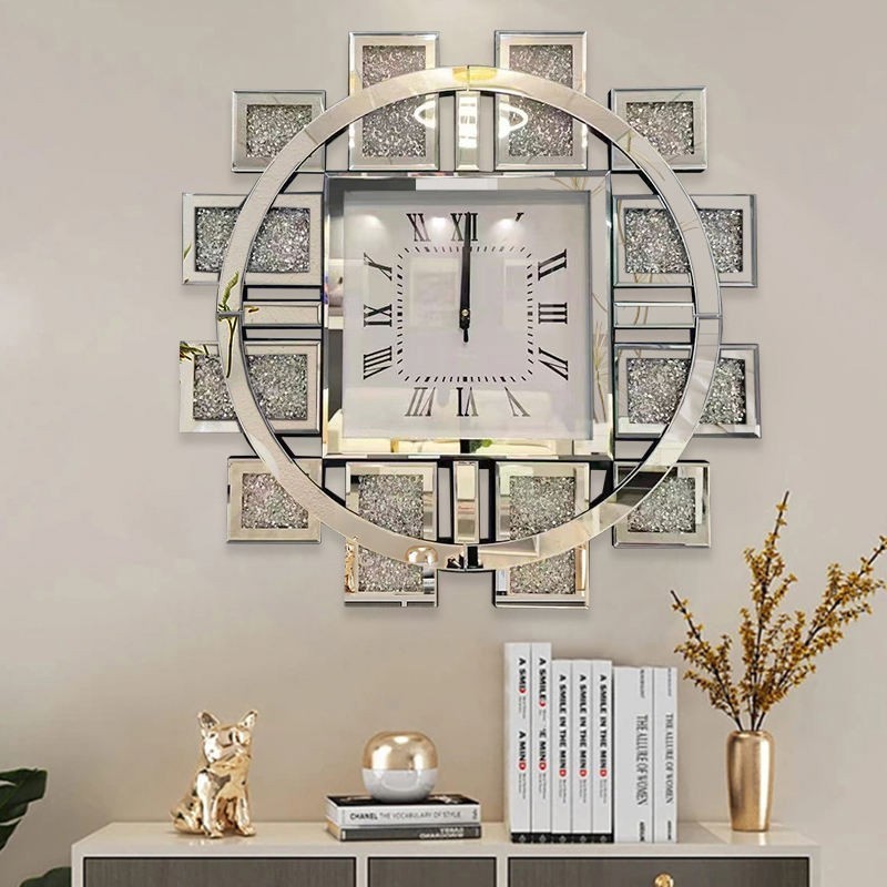 Large Irregular Beveled Mirror Glass Clocks Crystal Crushed Diamond Wall Clock