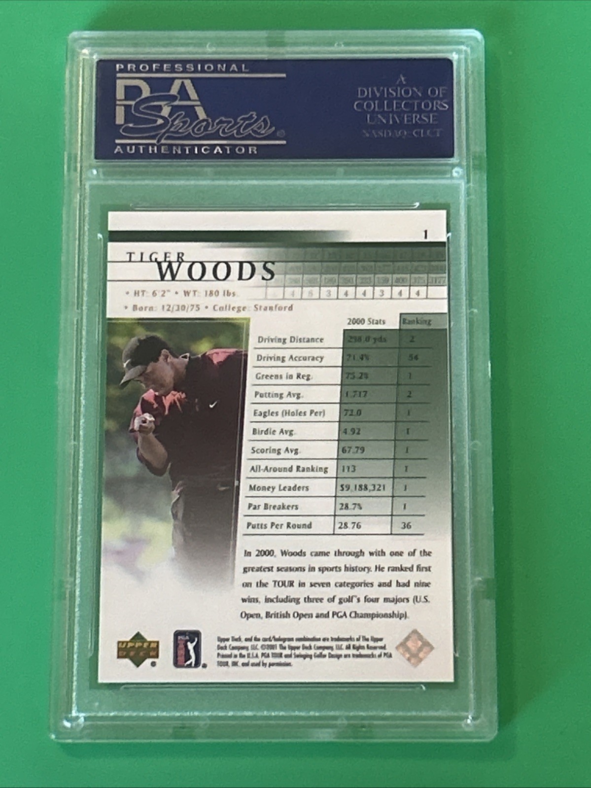 2001 Upper Deck Tiger Woods #1 (RC) PSA 9 view 2