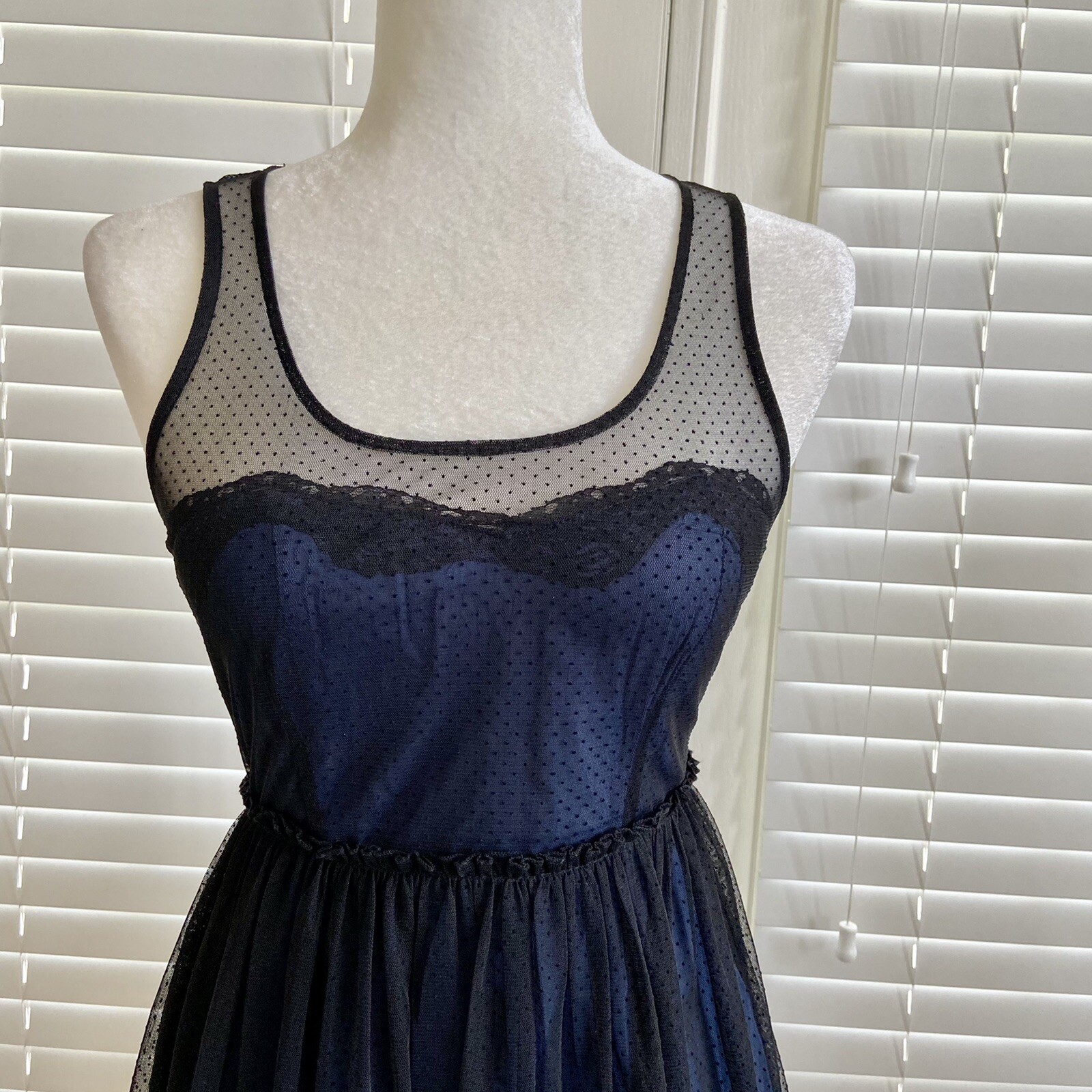 ZARA Trafaluc Mesh Layered A-Line Dress Women’s Small Blue Black Sleeveless thumbnail 7