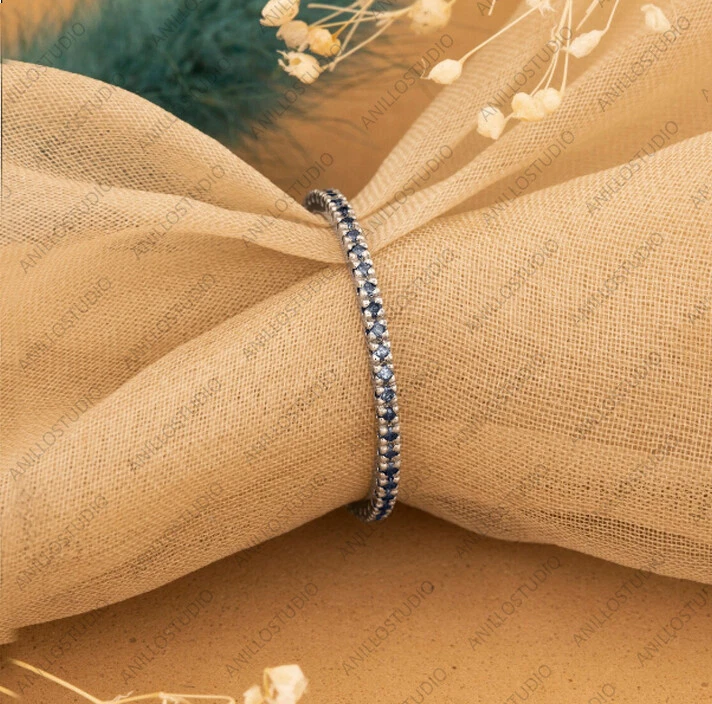 Natural London Blue Topaz Full Eternity Ring, 14k Yellow Gold Stacking Band Ring - Image 4 of 4