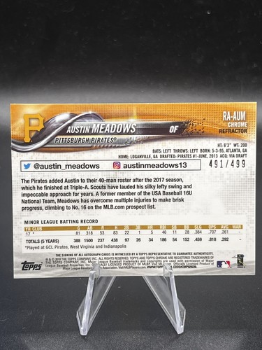 2018 Topps Chrome Baseball Austin Meadows RC Autograph #RA-AUM Pirates /499 - Picture 2 of 2