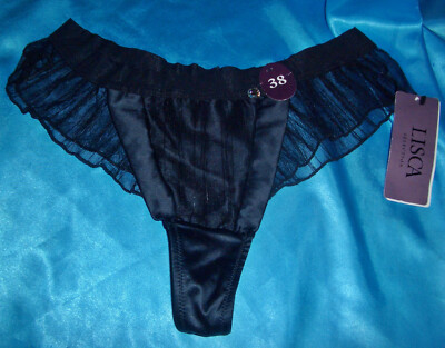 Lisca verführerischer Rüschen Satin String Panty Gr 38 schwarz Tanga NEU (sa28)