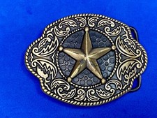 Raised Texas Star On Black And Brass Color Western Vintage Belt Buckle