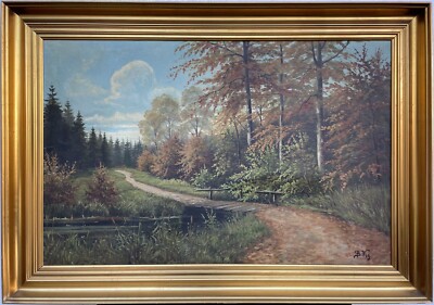 Impressionist Waldlandschaft Fluß Holzbrücke Weg Bäume Himmel Ölgemälde 117X82
