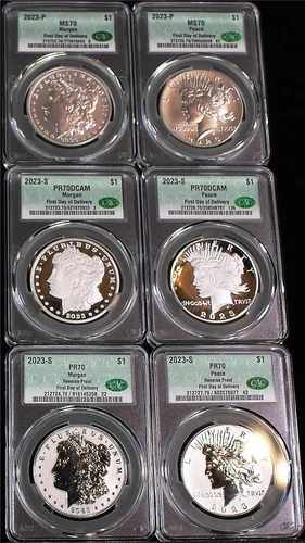 2023(P)SS Morgan/Peace Dollar 6 Coin Set CAC MS70 PR70DC PR70 First Day of Deliv
