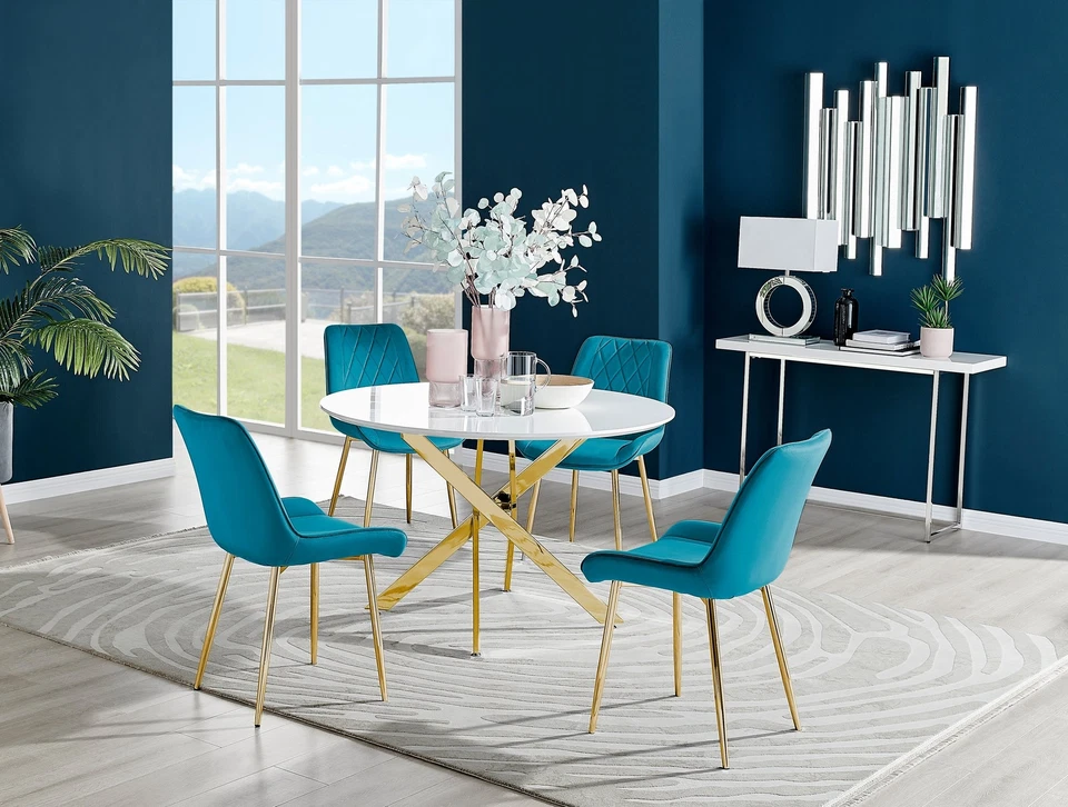 Novara White Gloss Gold Leg Round Dining Table 120cm and 4 Pesaro Chairs Set