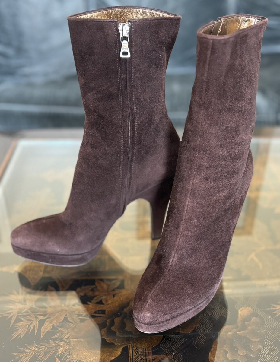 Prada . Size 38 . Italy ブーツ.new PRADA Italy Black Tessuto Fabric Ankle Booties Side Zip Logo