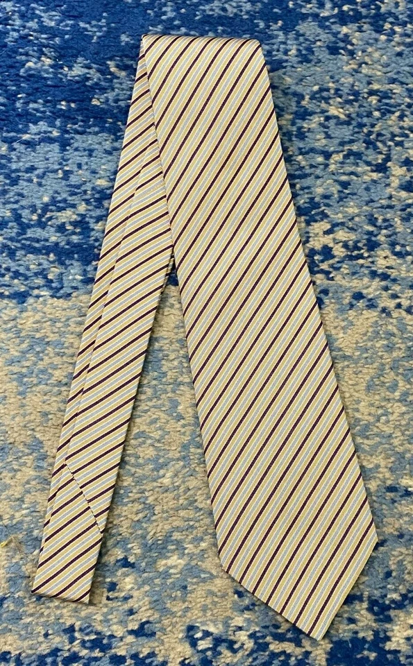 Corbata Paul Stuart Beige Azul Blanco Púrpura Sesgado Rayas Seda Algodón Inglaterra Foto 2 de 4