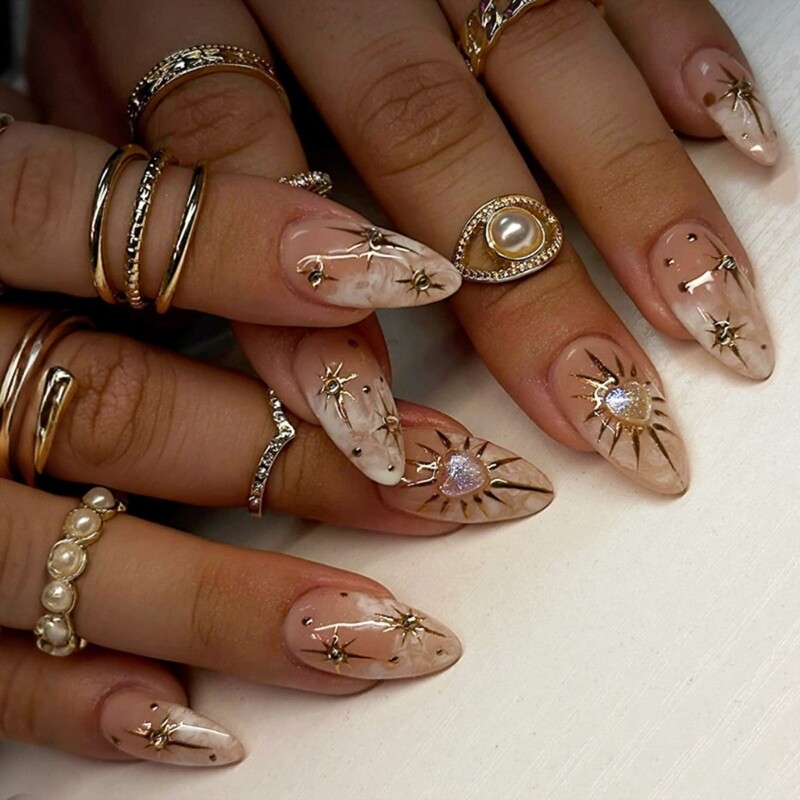 24pcs Gold Acrylic Press on Nail French Tips Sun Moon Design Almond False  Nail