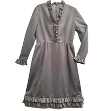 Vintage Black Ruffle Cuff V-neck and Hem Long Sleeve Goth Line A-line Midi Dress